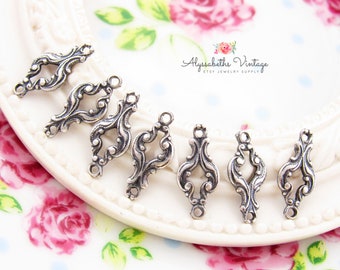 Ornate Petite Baroque Flourish 2 Ring Connectors, Art Nouveau Silver Ox Link Earring Findings 16x7mm - 6