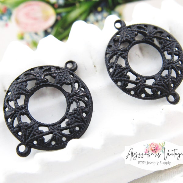 Ornate Round Antique Black Patina Filigree Connectors, Open Dapped Center Lace Work Aged Black Circle Earring Findings Button Settings - 4