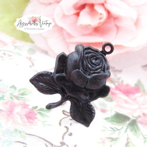 Victorian Rose Antiqued Black Pendant, Aged Black Flower Charm Earring Dangle 25mm - 4