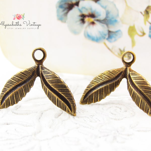 Antiqued Brass Ox Double Leaf Charms, Brass Ox Stampings Leaves Drop Findings 17x21mm - 6