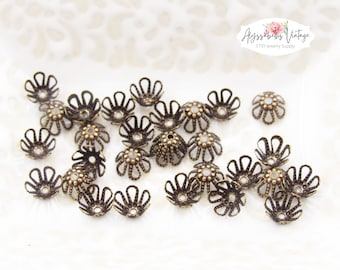 Antiqued Brass Fancy Filigree Petal 7mm Bead Caps, Small Beaded Detail Brass Ox Bead Cones - 30