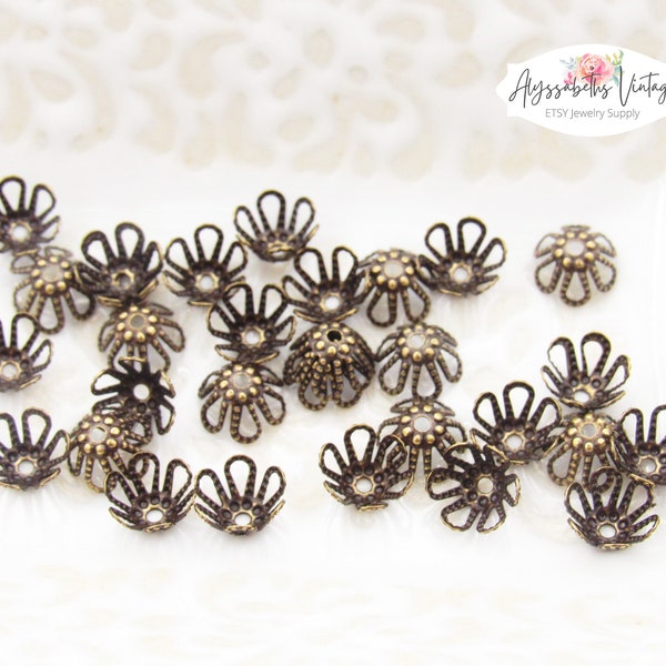 Antiqued Brass Fancy Filigree Petal 7mm Bead Caps, Small Beaded Detail Brass Ox Bead Cones - 30