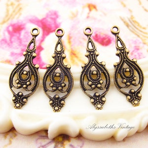 Ornate Antiqued Brass Ox Victorian Filigree Drops Earring Dangles 23x8mm Patina Cast Brass Charms Findings -4