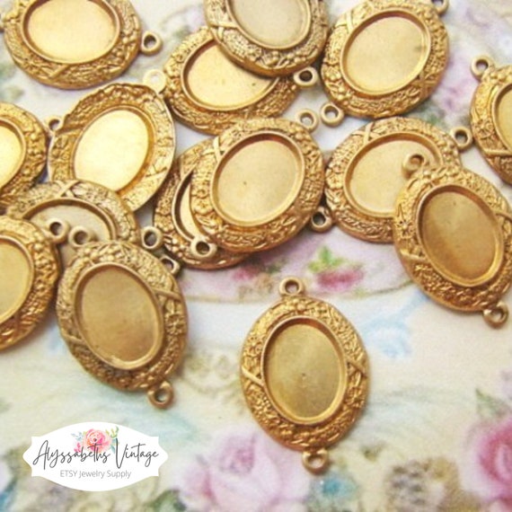 Vintage Ornate Victorian Style 8x6mm Oval Aged Patina Raw Brass Connector Bezel Frame Setting, Cast Brass Flat Back Setting - 4
