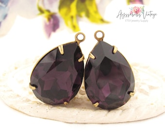 Dark Amethyst 18x13mm Faceted Pear Rhinestone Earring Dangle Drops or Link Raw Brass, Silver / Brass Ox Pendant Settings - 2