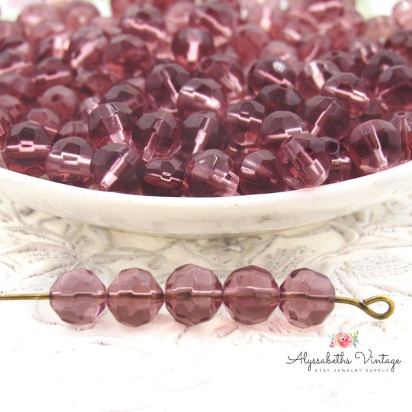 Vintage Transparent Light Amethyst Faceted 6mm Round Glass Beads, Purple West German Glass Beads - 30