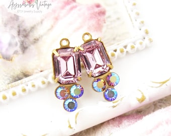 Light Amethyst & AB Amethyst 17x7mm Drops Vintage Austrian Octagon Rhinestones Brass, Brass Ox, Black or Silver Ox Earring Dangles -  2