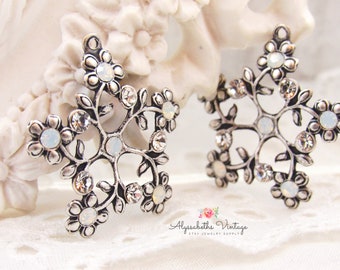 Floral Filigree Pendants with Crystal & White Opal Rhinestones, 27x25mm Black, Brass or Silver Ox Lacey Star Flower Charms - 2