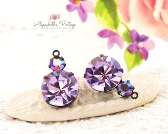 Purple Violet & AB Amethyst Rhinestone Dangles 18x11mm Crystal Charms 1 Ring Brass, Brass Ox, Matte Black or Antique Silver Settings - 2
