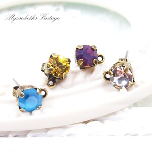 Antique Brass & 6mm Rhinestone Earring Posts with Loop Stud Earrings choice of 24 rhinestone colors Austrian or Preciosa crystal – 1 Pair