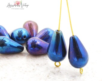 Czech Glass 18x11mm Metallic Iridescent Purple & Blue Iris Teardrop Beads, Smooth Elongated Pressed Glass Pear Shaped Beads – 6