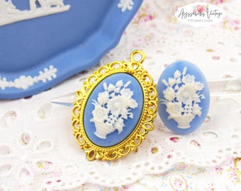 Vintage 25 x 18 mm Wedgwood Blue & White Flower Basket Cameos, owalne kwiatowe żywiczne płaskie tylne kaboszony kwiatowe z Niemiec Zachodnich - 2