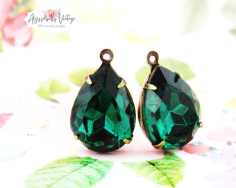 Vintage Emerald Green 15x11mm Teardrop Glass Stones Rhinestone Brass, Silver Ox, Antique Brass, Black Settings- 2