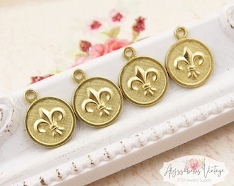 Chic Raw Brass Fleur de Lis Embossed Charms Small Drops 11mm Round French Chic Charms - 6