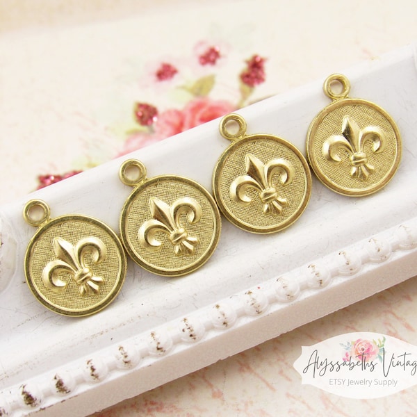 Chic Raw Brass Fleur de Lis Embossed Charms Small Drops 11mm Round French Chic Charms - 6
