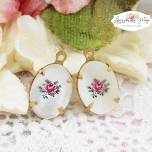 nacre vintage 14 x 10 mm avec décalcomanies roses roses, ensemble de breloques cabochons ou cabochons non sertis sertis en laiton, noir, argent ou boeuf en laiton - Paire