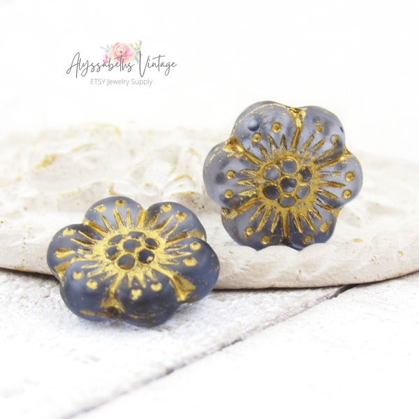 Matte Tanzanite with Gold Wash Wild Rose Flower Beads 14mm, Purple & Antique Gold Anemone Pressed Glass Floral Beads - 6