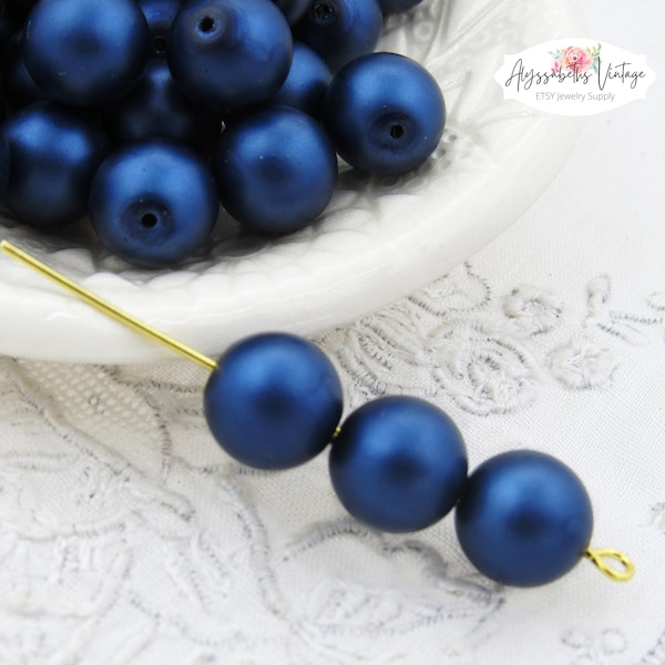 Preciosa Matte Navy 10mm Round Satin Finish Dark Blue Czech Glass Druk Metallic Pearl Orb Beads - 10