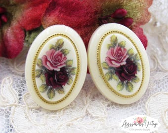 Victorian Pink and Burgundy Rose Cameo, 25x18mm Oval West German Floral Plastic Cabochon with Gold Beaded Edge - 2