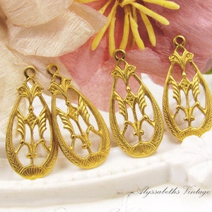 Ornate Art Deco Raw Brass Teardrop Earring Dangle Drops Charms - 4