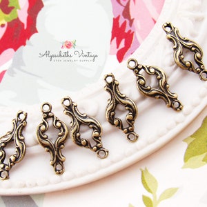 Antique Brass Ornate Petite Baroque Flourish Filigree 2 ring Connectors, Brass Ox Art Nouveau Vine Embossed Links 16mm x 7mm - 6