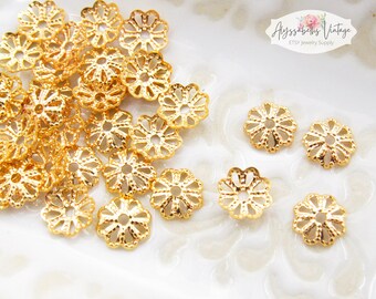 Small Gold Lace Fancy Filigree 6mm Bead Caps, 18k Gold Plate Flower Petal Bead Caps - 30