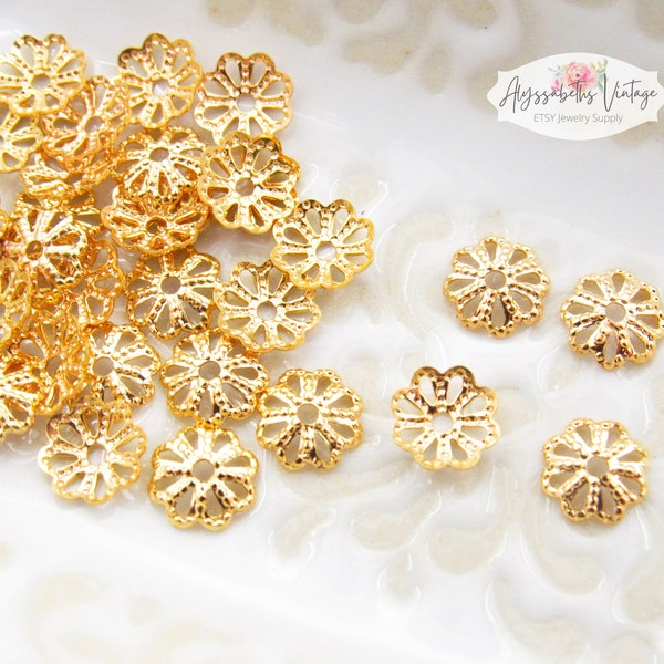 Small Gold Lace Fancy Filigree 6mm Bead Caps, 18k Gold Plate Flower Petal Bead Caps - 30