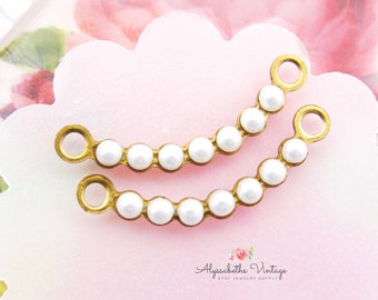 Dainty Ivory PEARL Rhinestone Curved Crescent Connector Pendants 23x3mm Raw Brass or Antique Silver Links - 2