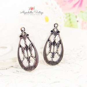 Antique Silver Ornate Art Deco Teardrop Earring Dangle Silver Ox Drops 22x10mm Charms - 4