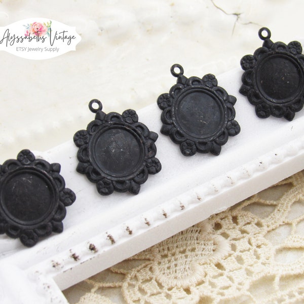 9mm Round Ornate Black Patina Brass Vintage Style Floral Frame Cabochon Setting Charm 1 Ring Drop Rustic Black Dangle Bezel Findings - 4