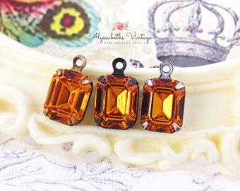 Vintage Austrian 10x8mm Topaz Octagon Rhinestone Single Set Stones in Brass, Matte Black, Antique Silver Drops or Connector Settings - 2
