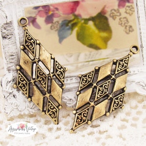 Antique Brass Geometric Art Deco Harlequin Diamond & Filigree Embossed Brass Ox Earring Dangles 33mm Long Pendants - 4