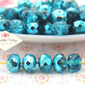 Aqua Blue Metallic Ice 9x6mm Puffy Rondelle Glass Beads, Imported Czech Preciosa Faceted Glass Spacer Beads – 12