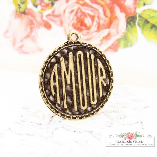 French Chic Antiqued Brass Ox Romantic AMOUR  Charm Word Pendant 19mm Round - 4