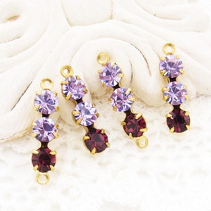 Purple Violet and Amethyst Triple Rhinestone Bar Connectors or Drops Brass or Antique Silver Set Stones - 4