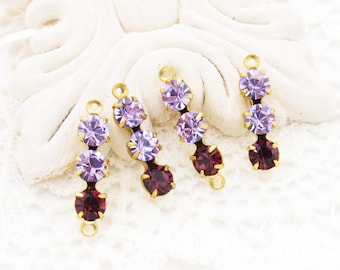 Connettori o gocce a triplo strato con strass viola, violetto e ametista, in ottone o argento anticato - 4