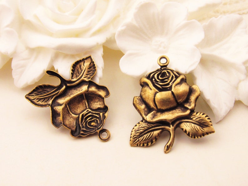 4 Antiqued Brass OX Victorian Rose Flower Stamping Pendant Drop Charm Finding Large 25mm