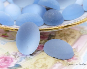 Vintage Frosted Glass Light Blue Sapphire 14x10mm Oval Matte Cabochons, West German Dome Top Flat Back Stones - 4