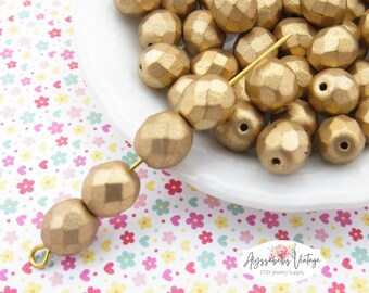 Matte Capri Gold 8mm Round Beads Faceted Czech Preciosa Golden Metallic Faceted Fire Polished Beads - 20
