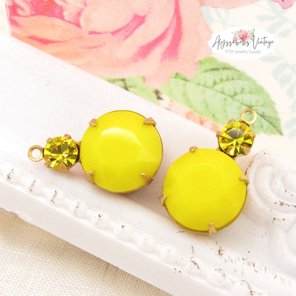 Vintage Sunny Yellow och Citrin Dubbelset Rund Strass 18 x 11 mm 1 Ring Droppe Mässing, Mässing Ox, Svart eller Antik Silver Infattningar - 2