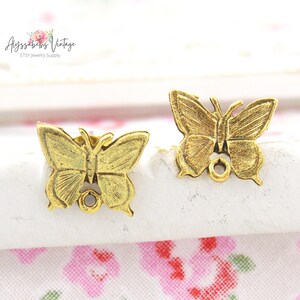 Antiqued Gold Plated Butterfly Pewter Earring Posts with Loop 24k Gold Plate Ear Studs Post Earring Findings Jewelry Supply Pair image 1