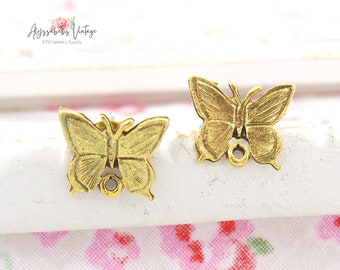 Antiqued Gold Plated Butterfly Pewter Earring Posts with Loop 24k Gold Plate Ear Studs Post Earring Findings Jewelry Supply Pair