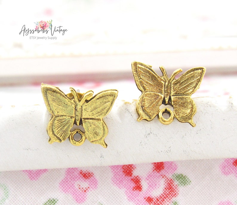 Antiqued Gold Plated Butterfly Pewter Earring Posts with Loop 24k Gold Plate Ear Studs Post Earring Findings Jewelry Supply Pair image 1