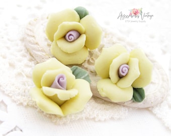Vintage 18mm Yellow and Lavendar Porcelain Rose Cabochons, Matte Bisque Ceramic Flower Embellishments - 4