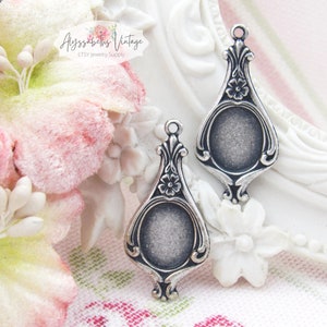 Antique Silver Ox Plate Art Nouveau Floral Earring Dangles 28x13mm with 10x8mm Oval Cabochon Cameo Bezel Settings - 4