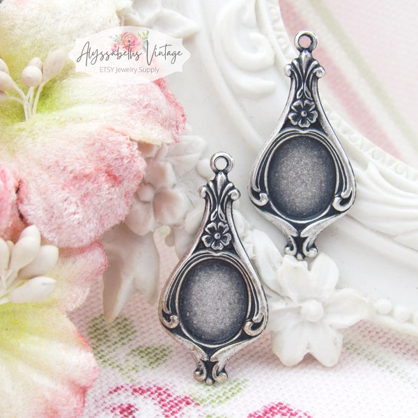 Pendientes colgantes Art Nouveau con diseño floral de plata antigua con placa de buey de 28 x 13 mm con cabujón ovalado de 10 x 8 mm y engastes de bisel con parte posterior plana - 4