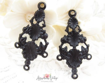 Connettori per orecchini a lampadario in stile Art Nouveau con decorazione floreale antica e patina nera, 31 x 16 mm - 4