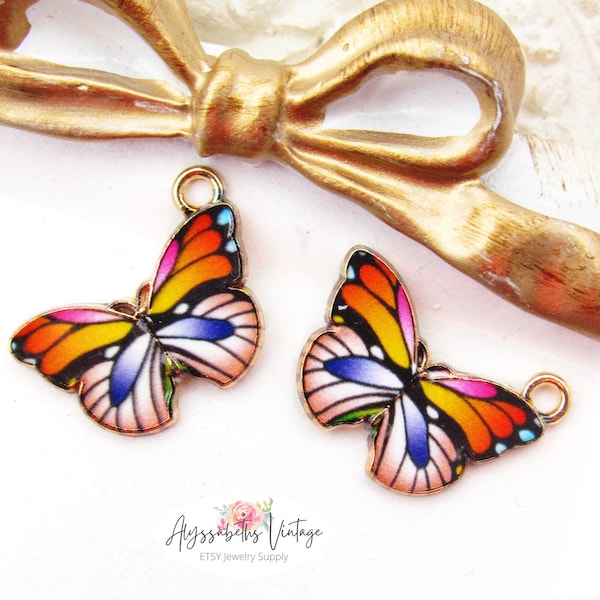 Gold & Enamel Multicolor Butterfly Charms 15x20mm Orange, Purple and Pink Butterfly Pendants - 4