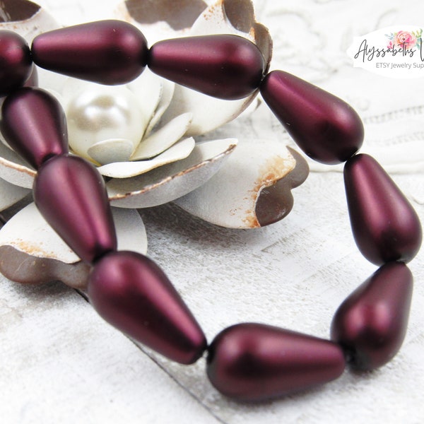 Preciosa Matte Garnet Teardrop Beads 15x8mm Satin Finish Wine Czech Glass Metallic Pearl Pear Beads - 6