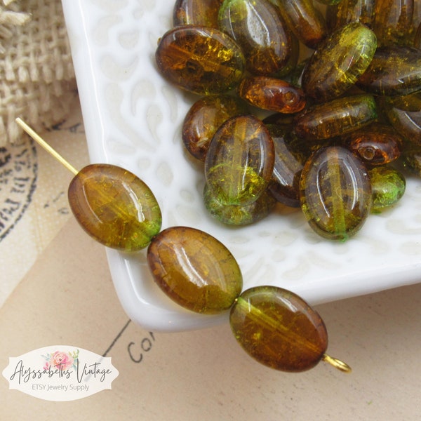 Fall Ombre Olivine & Topaz Oval Crackle Glass Beads 12x9mm Flat Oval Czech Glass Earth Tone Green and Brown Beads - 12